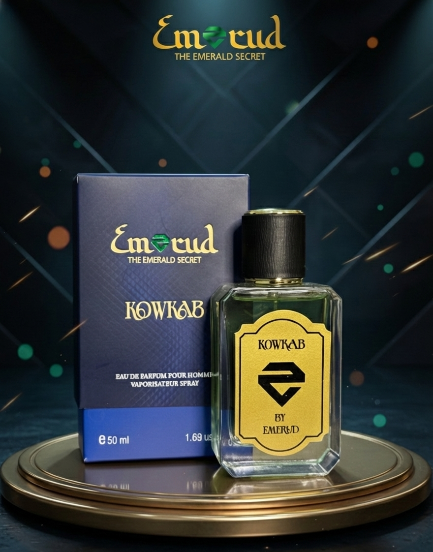 Kowkab perfume bottle and packaging with 'Emerald' branding on a dark background